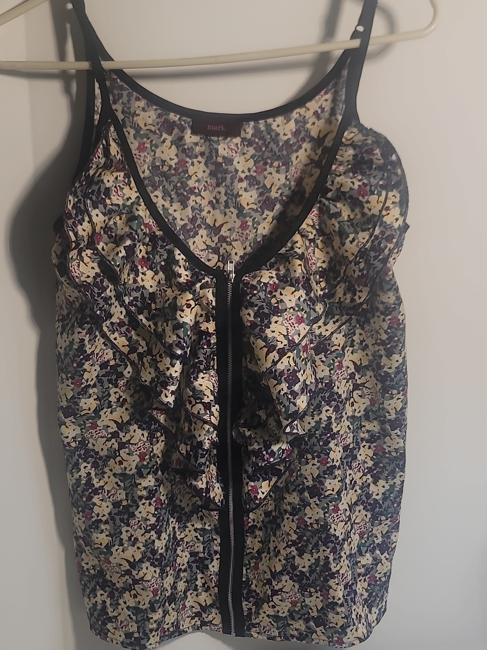 mark. Cream Floral Ruffle Zip-Front Cami with Black Trim